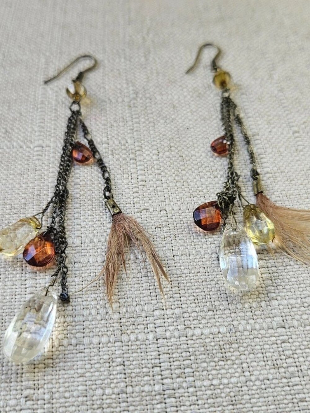 Vintage Earrings Drop Down Bronze Tone Chain Brown Beads Fashion Ear Jewelry